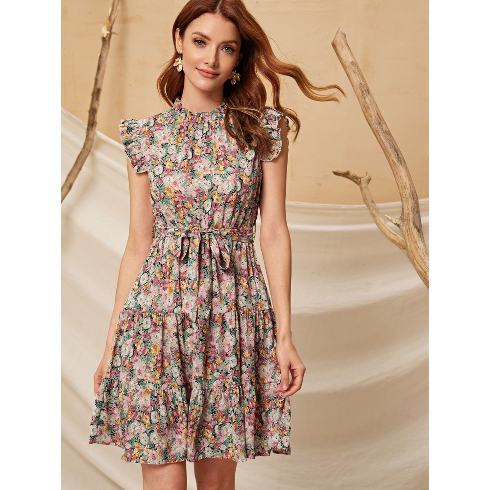 Floral Print Ruffle Hem Belted Dress