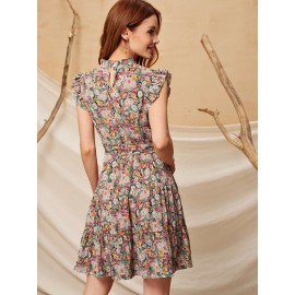 Floral Print Ruffle Hem Belted Dress