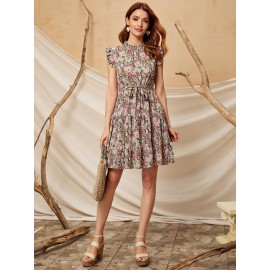 Floral Print Ruffle Hem Belted Dress