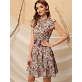 Floral Print Ruffle Hem Belted Dress