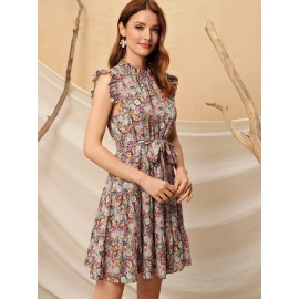 Floral Print Ruffle Hem Belted Dress