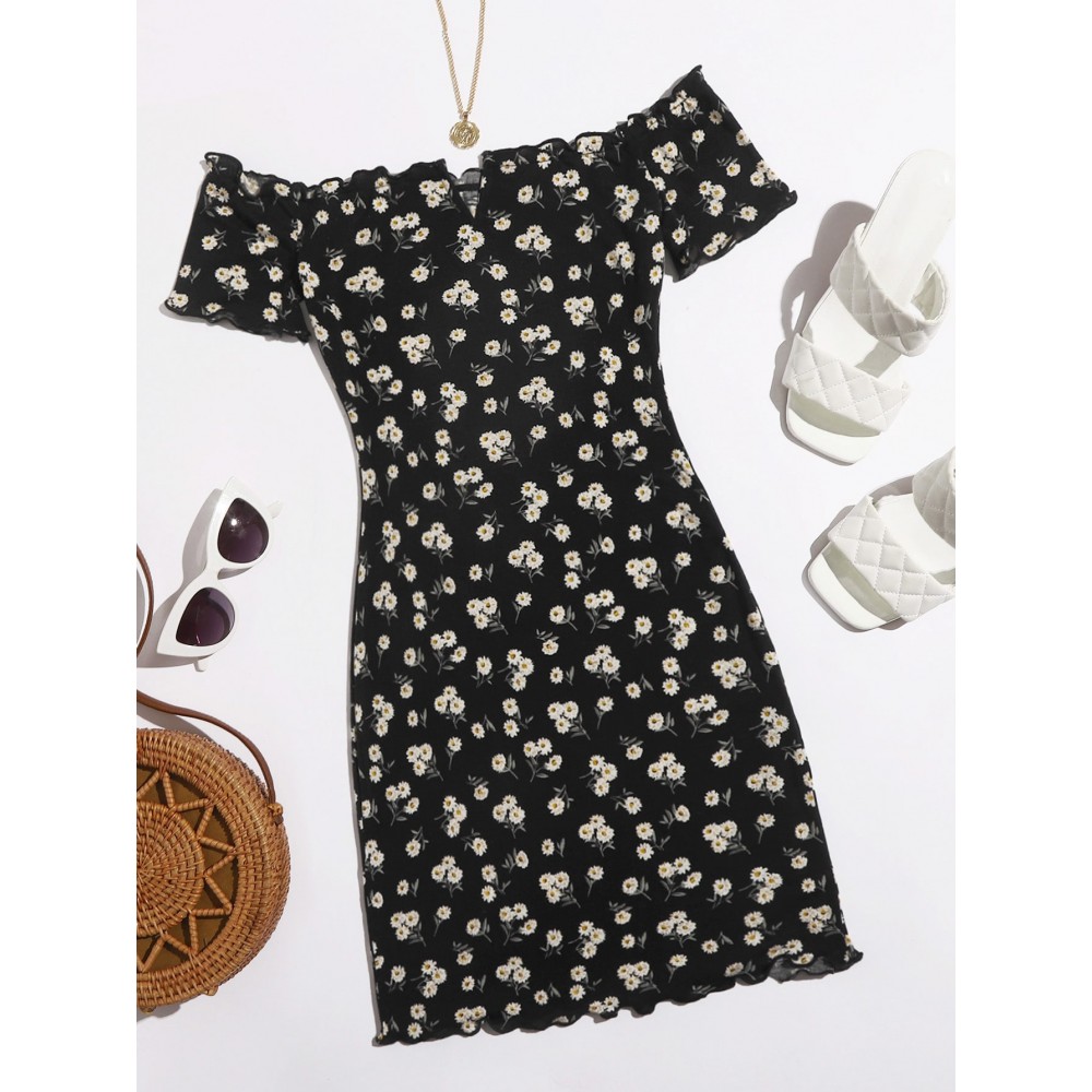 Off Shoulder Lettuce Trim  Floral Dress