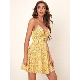 Twist Peekaboo Front Tie Back Daisy Floral Print Sundress