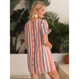 Buttoned Back Knot Cuff Striped Dress