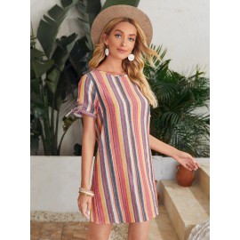 Buttoned Back Knot Cuff Striped Dress