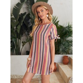 Buttoned Back Knot Cuff Striped Dress