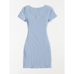 Solid Notched Neck Rib-knit Dress