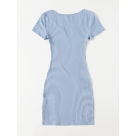 Solid Notched Neck Rib-knit Dress