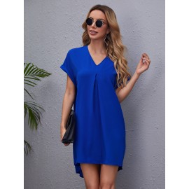 V-neck Cuffed Sleeve High-low Hem Dress