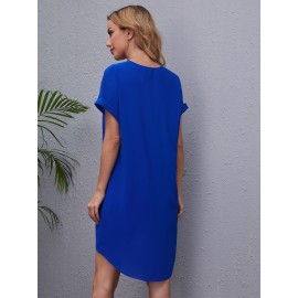 V-neck Cuffed Sleeve High-low Hem Dress