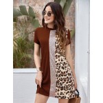 Contrast Sequin and Leopard Panel Tee Dress