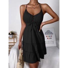 Tie Front Knotted Backless Ruffle Hem Dress