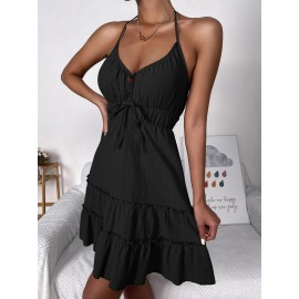 Tie Front Knotted Backless Ruffle Hem Dress