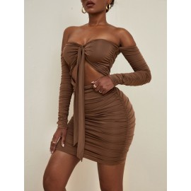 Ruched Cut Out Knot Front Off Shoulder Bodycon Dress