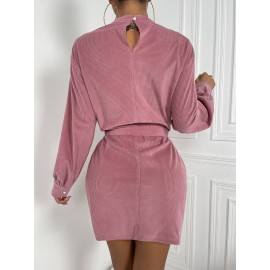 Mock Neck Keyhole Back Belted Dress