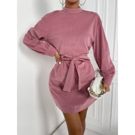 Mock Neck Keyhole Back Belted Dress