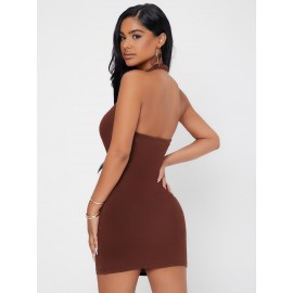 Solid Halter Neck Backless Bodycon Dress