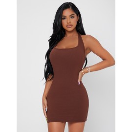 Solid Halter Neck Backless Bodycon Dress