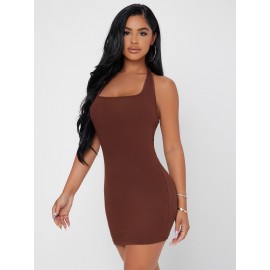 Solid Halter Neck Backless Bodycon Dress