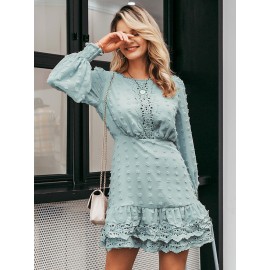 Swiss Dot Contrast Guipure Lace Layered Hem Chiffon Dress