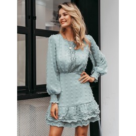 Swiss Dot Contrast Guipure Lace Layered Hem Chiffon Dress