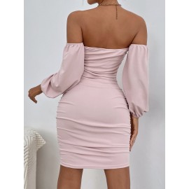 Ruched Off Shoulder Lantern Sleeve Bodycon Dress