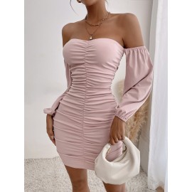 Ruched Off Shoulder Lantern Sleeve Bodycon Dress