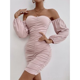 Ruched Off Shoulder Lantern Sleeve Bodycon Dress