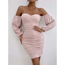 Ruched Off Shoulder Lantern Sleeve Bodycon Dress