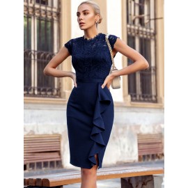  Mock Neck Floral Lace Bodice Ruffle Trim Cocktail Party Fitted Dress