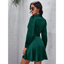 Shawl Collar Self Belted Satin Dress