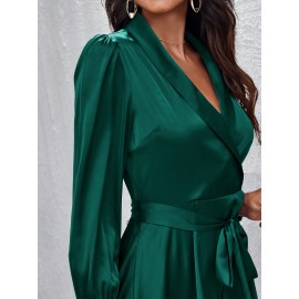 Shawl Collar Self Belted Satin Dress