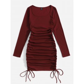 Scoop Neck Drawstring Side Bodycon Dress