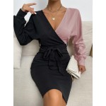 Two Tone Batwing Sleeve Belted Bodycon Dress