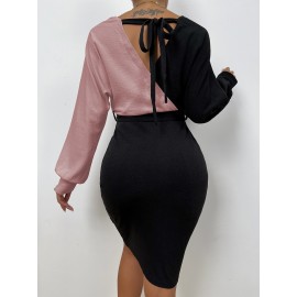 Two Tone Batwing Sleeve Belted Bodycon Dress