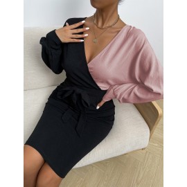 Two Tone Batwing Sleeve Belted Bodycon Dress