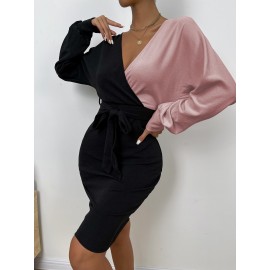 Two Tone Batwing Sleeve Belted Bodycon Dress