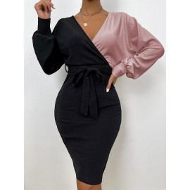 Two Tone Batwing Sleeve Belted Bodycon Dress