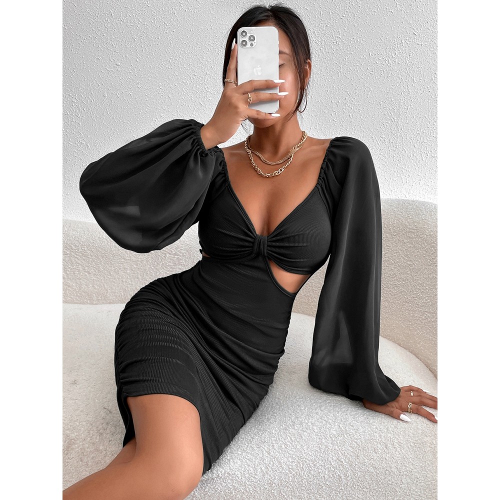 Lantern Sleeve Cut Out Bodycon Dress