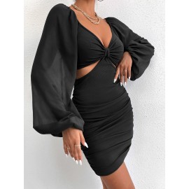 Lantern Sleeve Cut Out Bodycon Dress