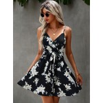 Floral Print Surplice Front Belted  Dress