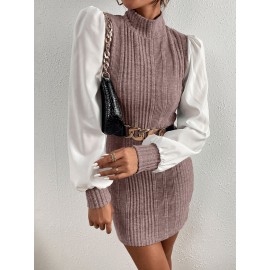 Bishop Sleeve Ribbed Stand Collar Dress