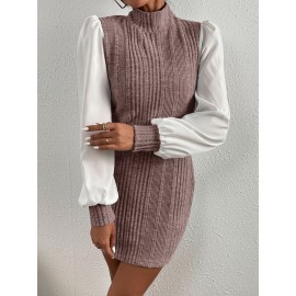 Bishop Sleeve Ribbed Stand Collar Dress