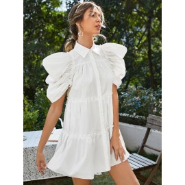 Puff Sleeve Ruched Ruffle Hem Shirt Dress