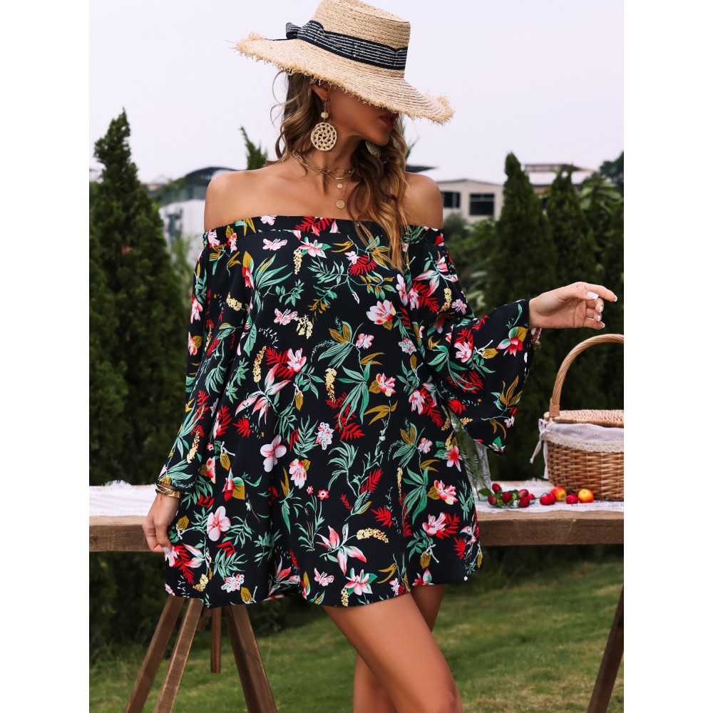 Tropical Print Trumpet Sleeve Off Shoulder Dress