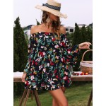 Tropical Print Trumpet Sleeve Off Shoulder Dress