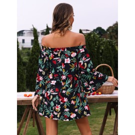 Tropical Print Trumpet Sleeve Off Shoulder Dress