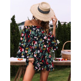 Tropical Print Trumpet Sleeve Off Shoulder Dress