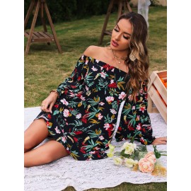 Tropical Print Trumpet Sleeve Off Shoulder Dress