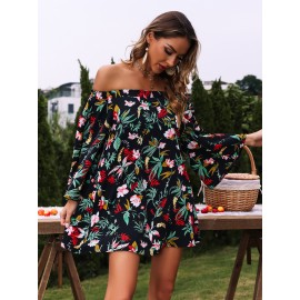 Tropical Print Trumpet Sleeve Off Shoulder Dress